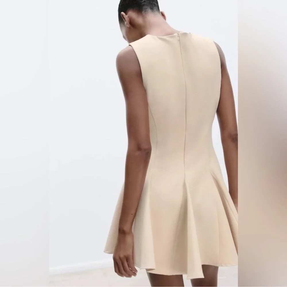 Zara Beige Mini Godet Fit & Flare Dress w/ Front Bow Detail, Sleeveless Sz M NWT - Picture 4 of 8